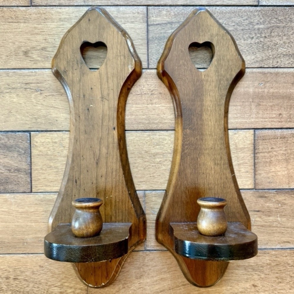 2pc VTG 60s MCM Wood Candlestick Heart Wall Sconce COUNTRY Cottage Core Farm